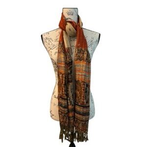 Pashmina Silk printed scarf, pleated, gold, orange, rust, fringed,ethnic style
